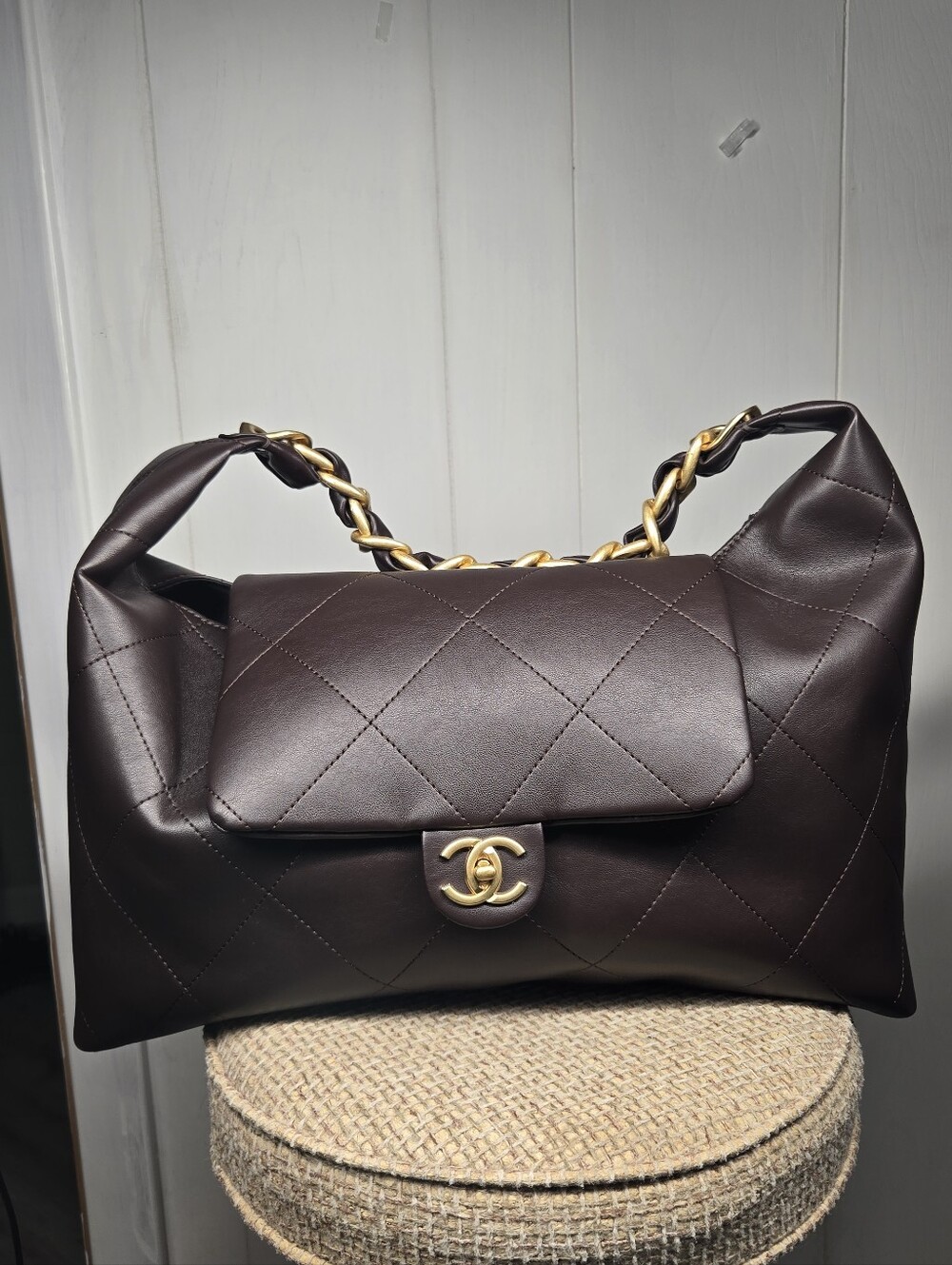 Quilted Chocolate Brown Shoulder Bag with Gold Chain READ DESCRIPTION